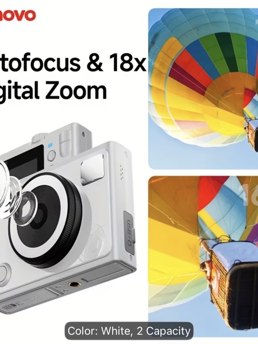 Lenovo White Compact Digital Camera with 18x Zoom